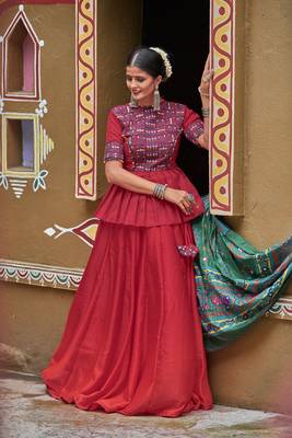 Maroon Embroidered Cotton Indian Traditional Navratri Dandiya Raas Garba Festival Function Semi Stitched Lehenga Choli 1