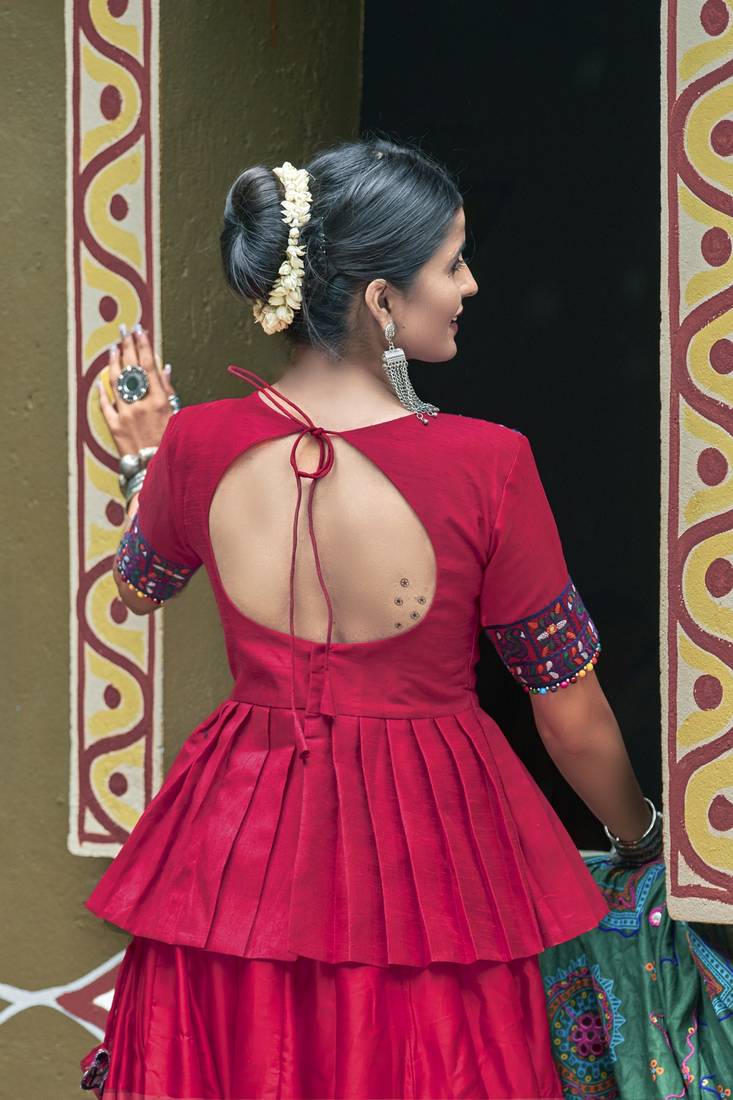 Maroon Embroidered Cotton Indian Traditional Navratri Dandiya Raas Garba Festival Function Semi Stitched Lehenga Choli