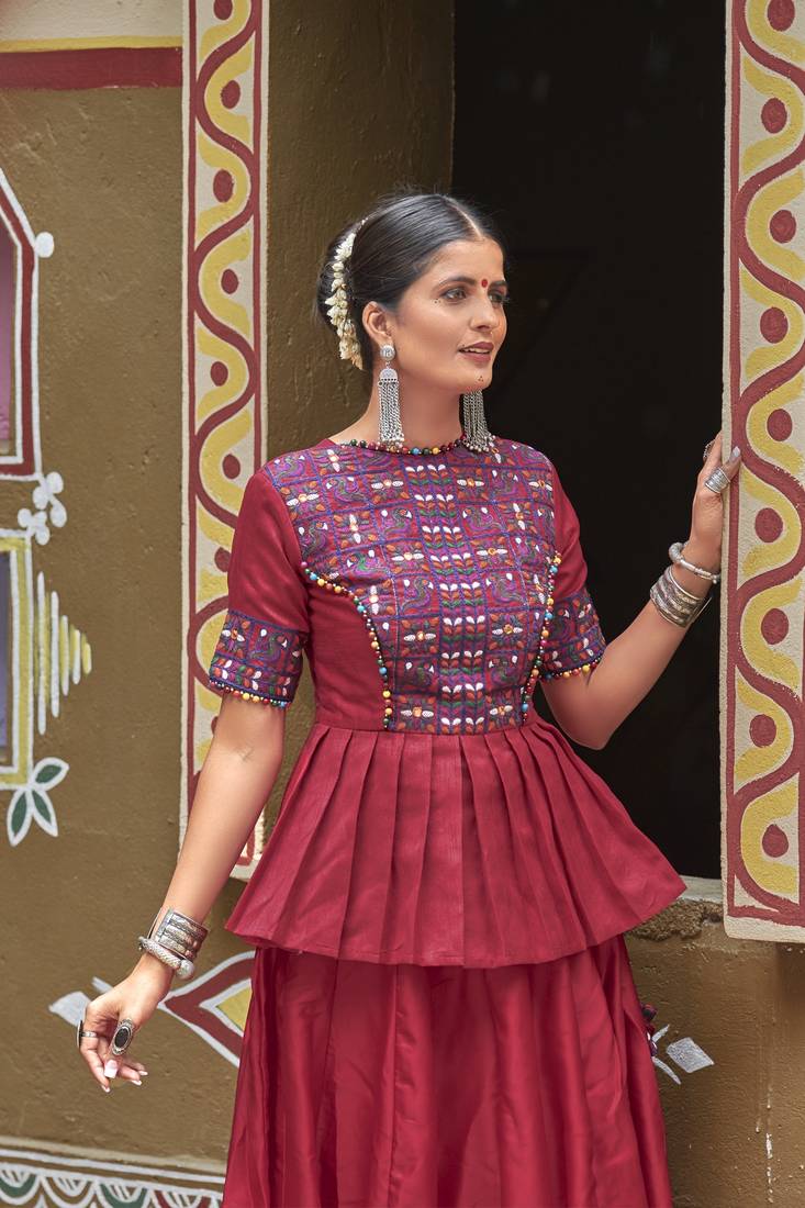 Maroon Embroidered Cotton Indian Traditional Navratri Dandiya Raas Garba Festival Function Semi Stitched Lehenga Choli