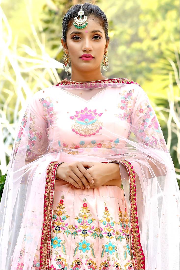 Peach Embroidered Silk Blend Semi Stitched Lehenga Choli