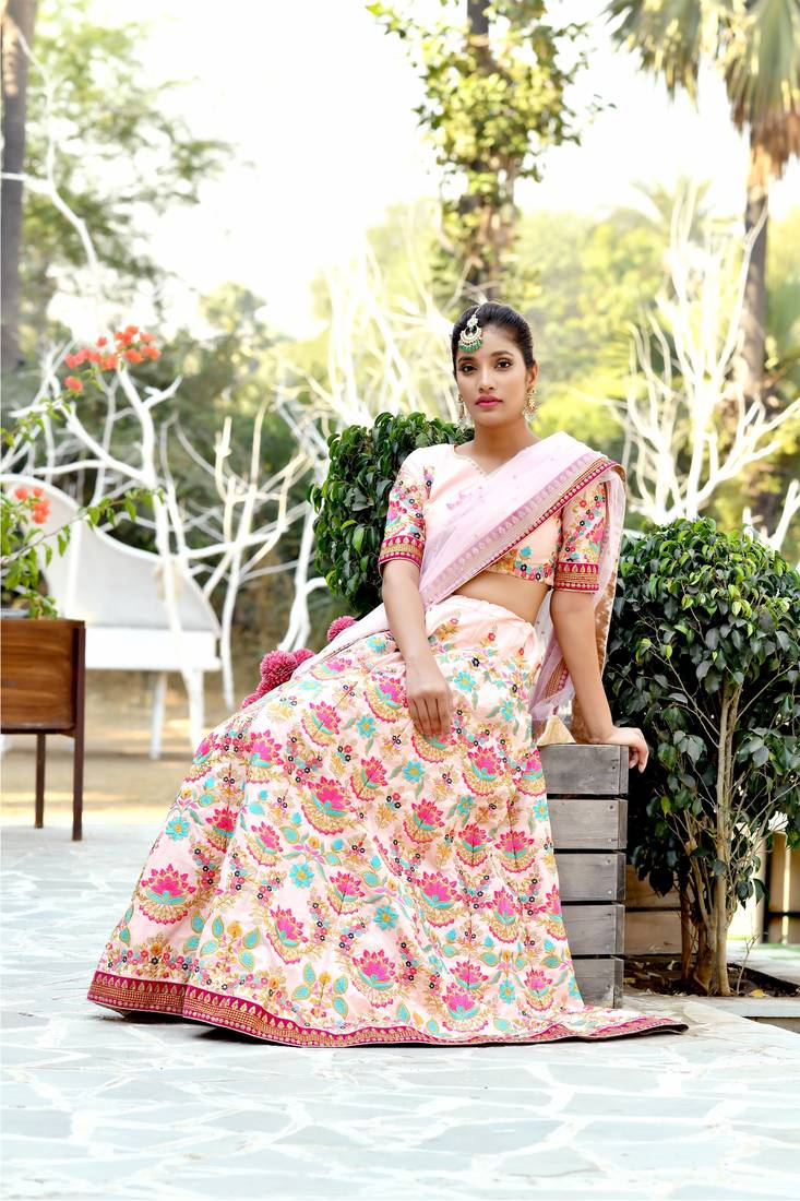 Peach Embroidered Silk Blend Semi Stitched Lehenga Choli