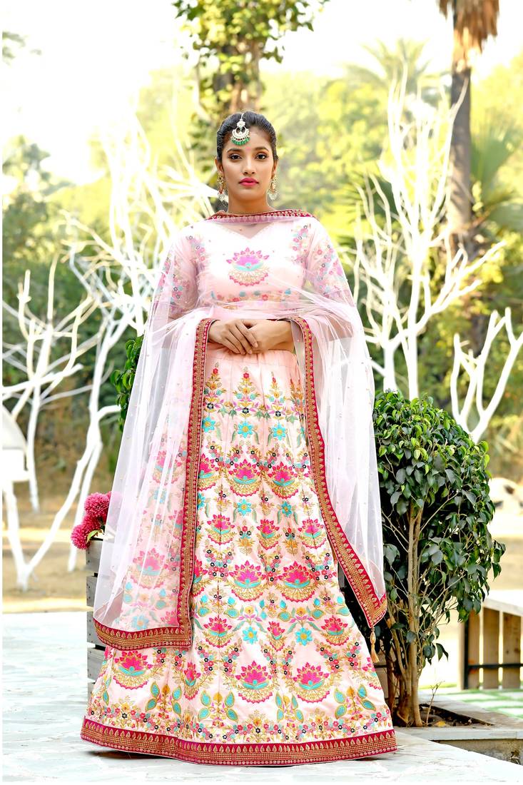 Peach Embroidered Silk Blend Semi Stitched Lehenga Choli