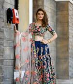 Blue Embroidered Silk Blend Semi Stitched Lehenga Choli