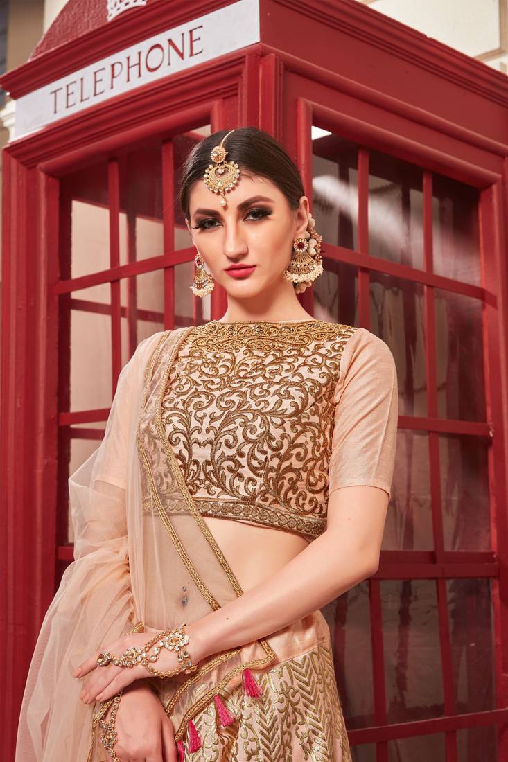 Pink Embroidered Silk Blend Semi Stitched Lehenga Choli