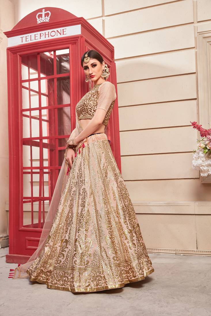 Pink Embroidered Silk Blend Semi Stitched Lehenga Choli