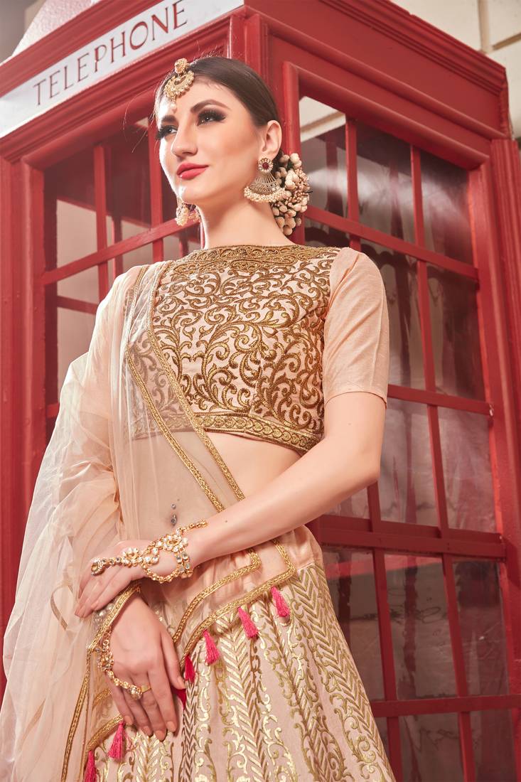 Pink Embroidered Silk Blend Semi Stitched Lehenga Choli
