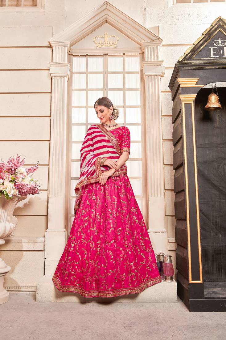 Pink Embroidered Silk Blend Semi Stitched Lehenga Choli