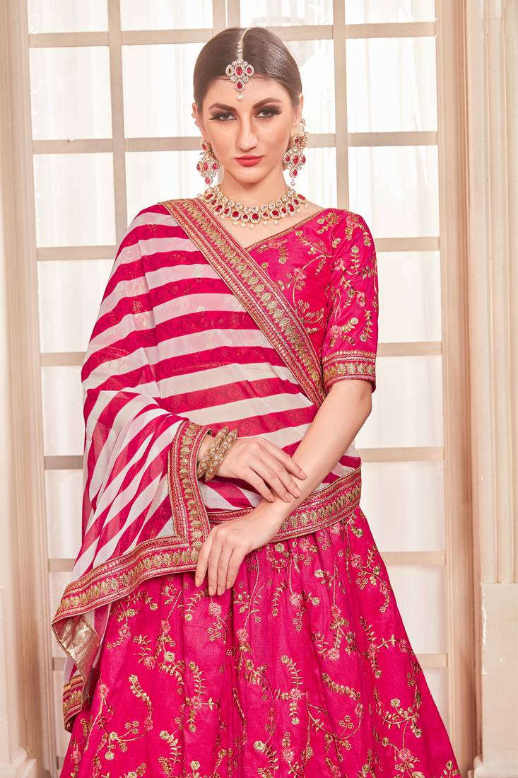 Pink Embroidered Silk Blend Semi Stitched Lehenga Choli