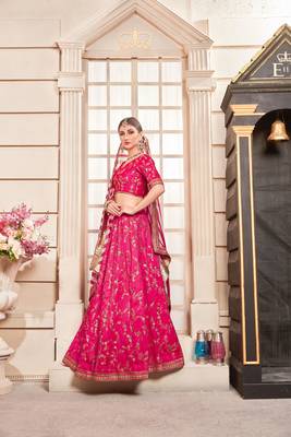 Pink Embroidered Silk Blend Semi Stitched Lehenga Choli 3