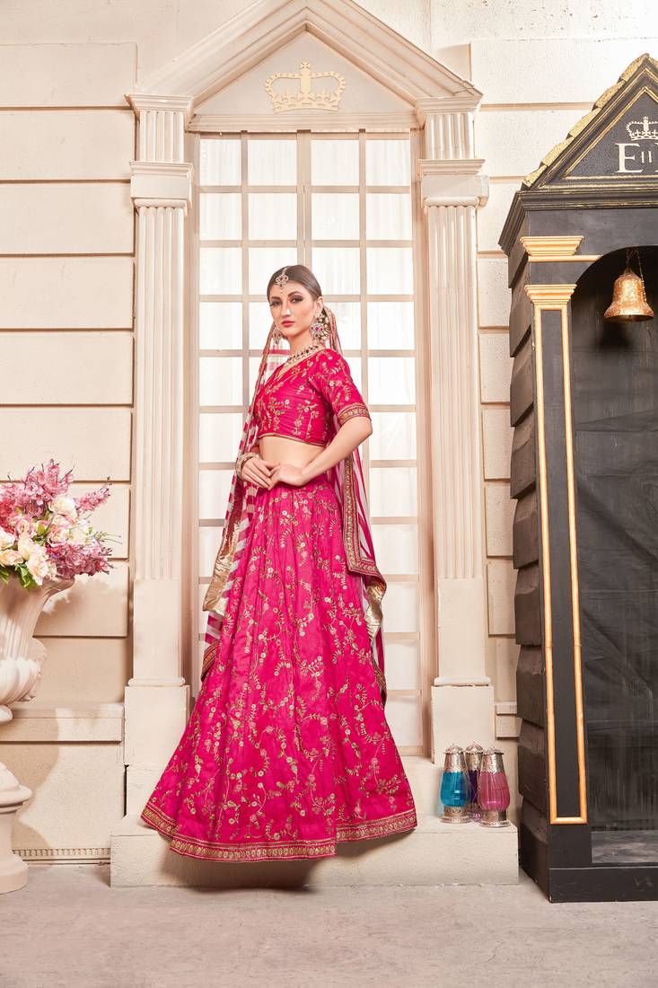 Pink Embroidered Silk Blend Semi Stitched Lehenga Choli