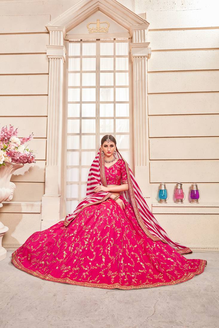 Pink Embroidered Silk Blend Semi Stitched Lehenga Choli