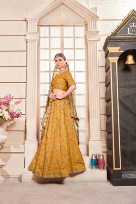 Mustard Embroidered Silk Blend Semi Stitched Lehenga Choli 3