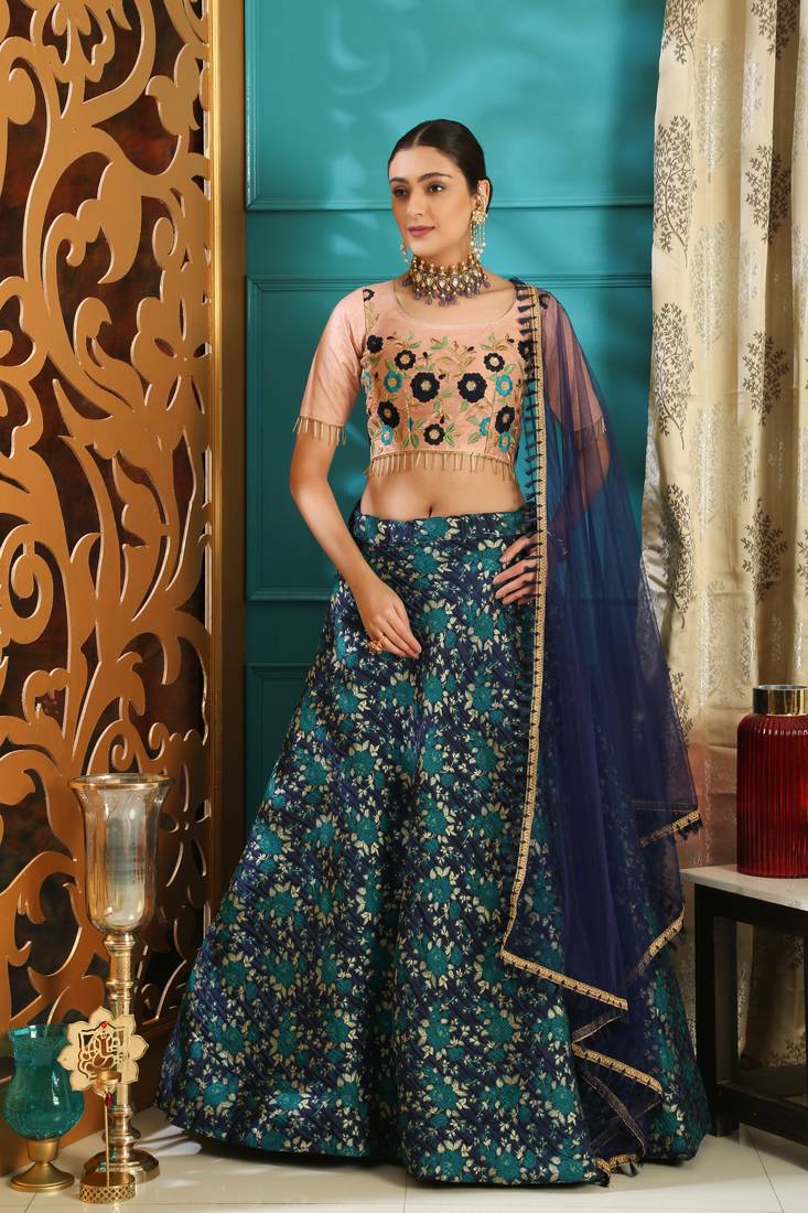 turquoise embroidered jacquard semi stitched lehenga choli