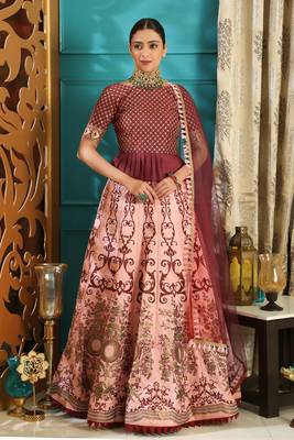 peach embroidered silk blend semi stitched lehenga choli 1