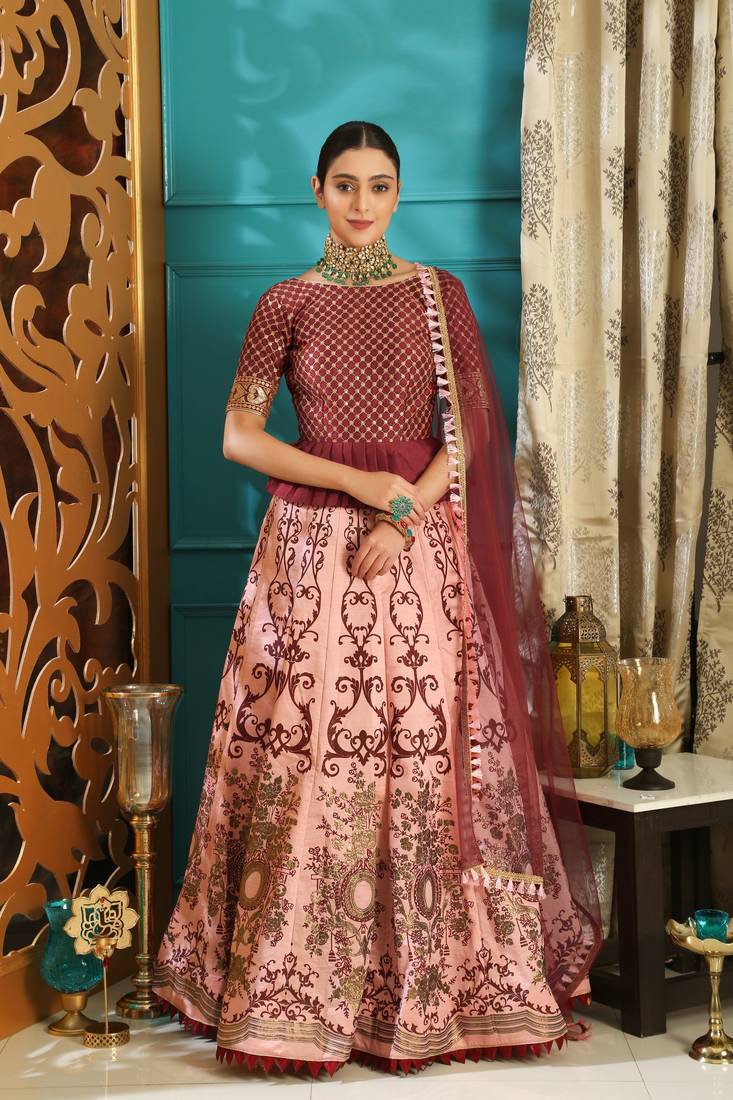 peach embroidered silk blend semi stitched lehenga choli