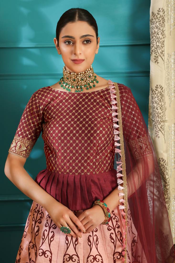 peach embroidered silk blend semi stitched lehenga choli