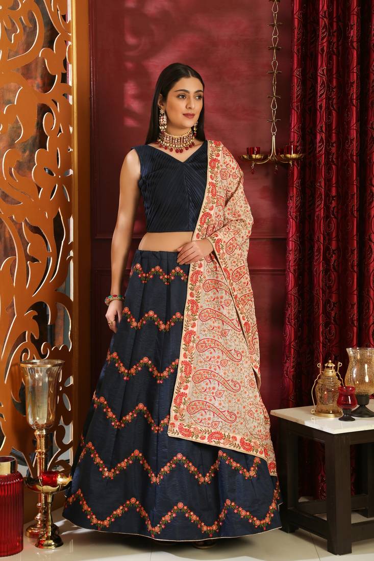 Blue Embroidered Silk Blend Semi Stitched Lehenga Choli