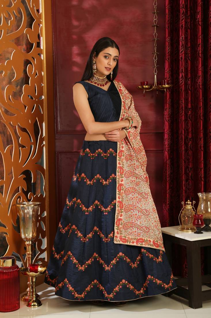 Blue Embroidered Silk Blend Semi Stitched Lehenga Choli