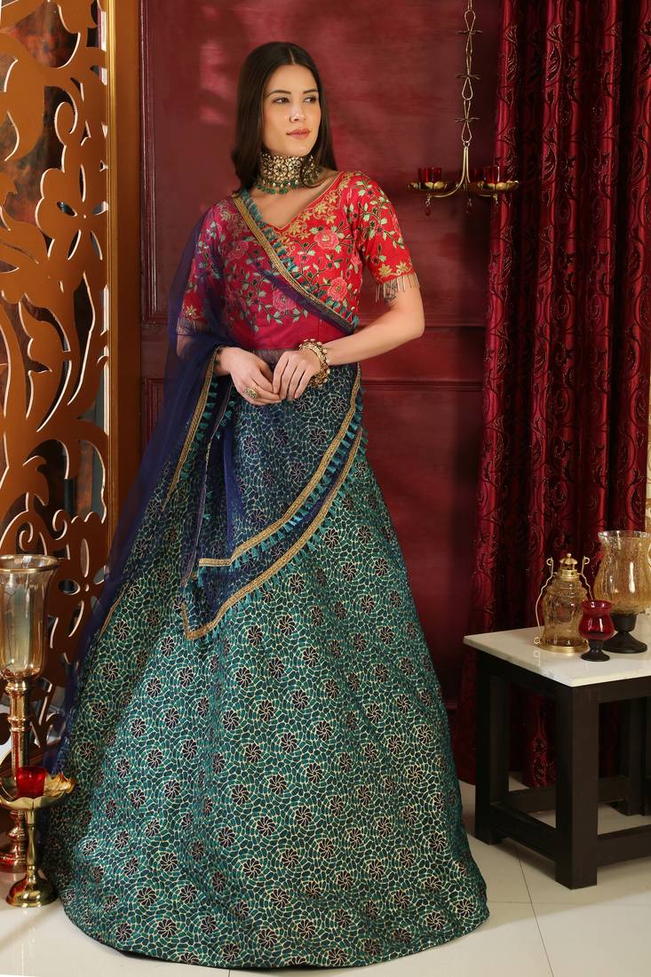 Turquoise Embroidered Jacquard Semi Stitched Lehenga Choli