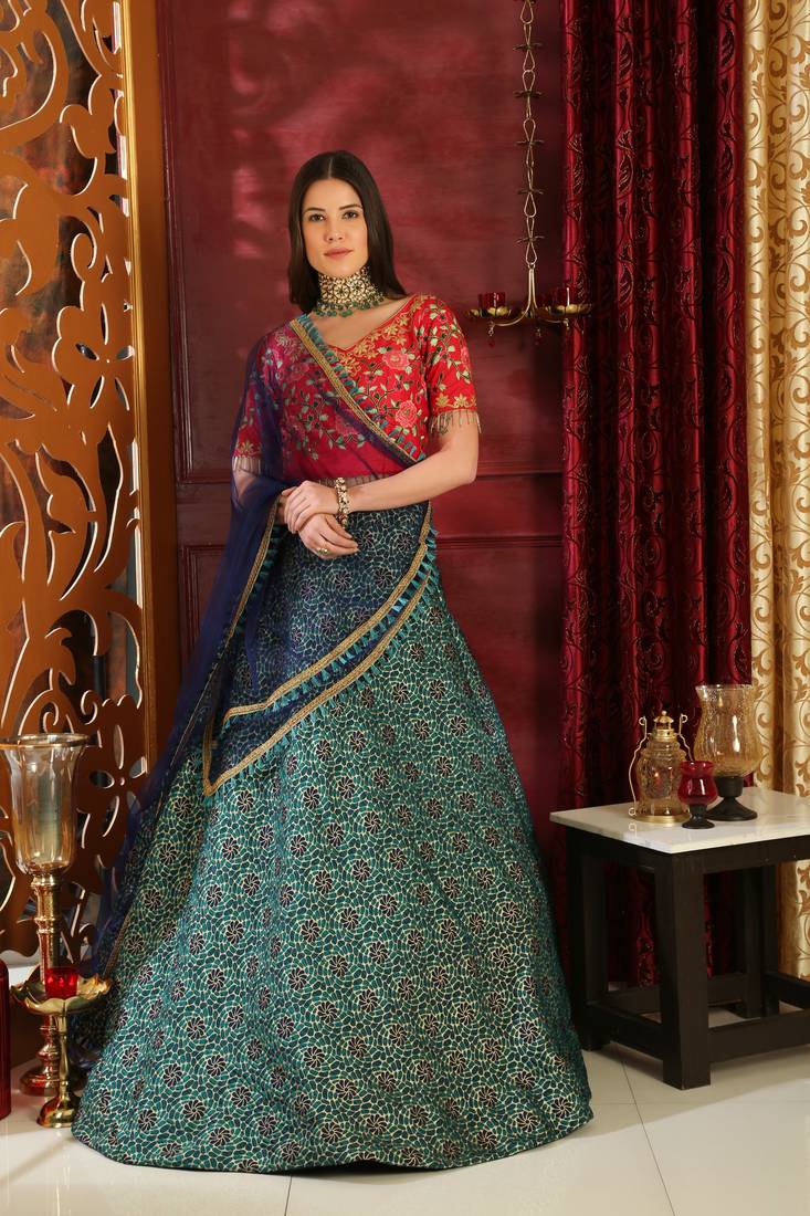 Turquoise Embroidered Jacquard Semi Stitched Lehenga Choli