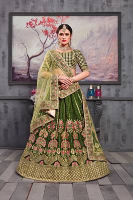 Green Embroidered Silk Blend Semi Stitched Lehenga Choli 1