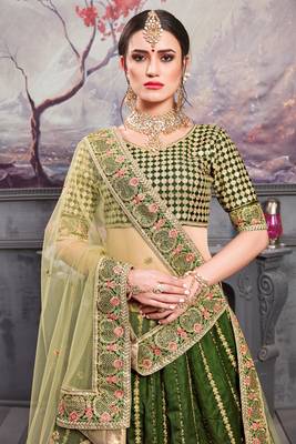 Green Embroidered Silk Blend Semi Stitched Lehenga Choli 2