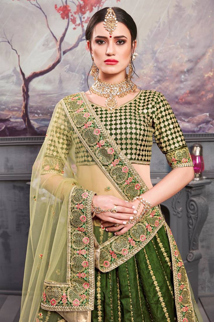 Green Embroidered Silk Blend Semi Stitched Lehenga Choli