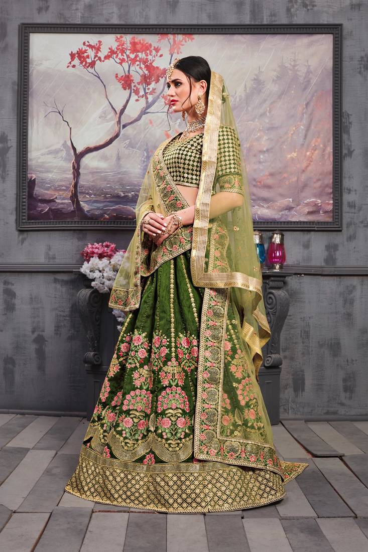 Green Embroidered Silk Blend Semi Stitched Lehenga Choli