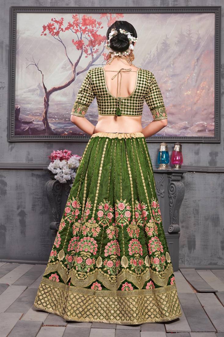 Green Embroidered Silk Blend Semi Stitched Lehenga Choli