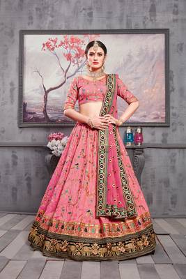 Pink Embroidered Silk Blend Semi Stitched Lehenga Choli 1