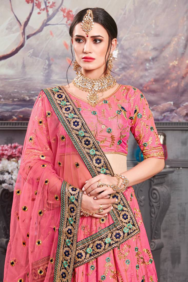 Pink Embroidered Silk Blend Semi Stitched Lehenga Choli