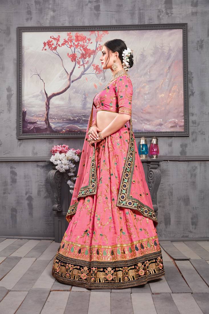 Pink Embroidered Silk Blend Semi Stitched Lehenga Choli
