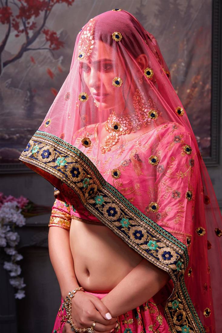Pink Embroidered Silk Blend Semi Stitched Lehenga Choli