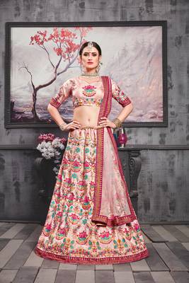 Peach Embroidered Silk Blend Semi Stitched Lehenga Choli 1