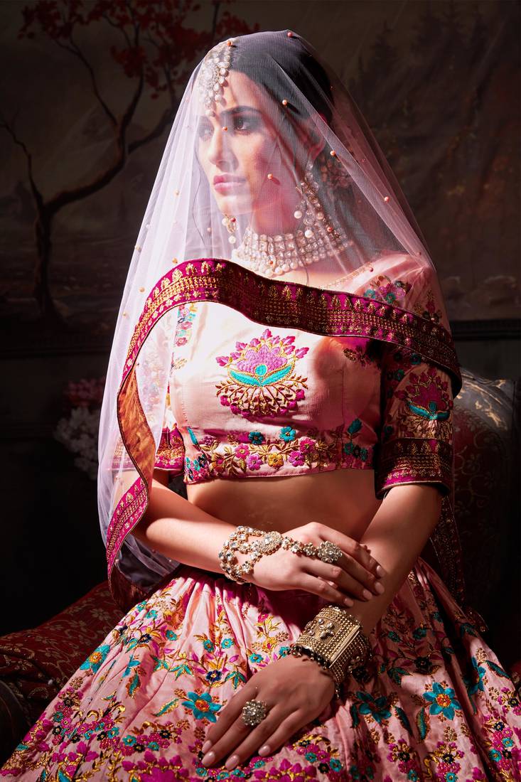 Peach Embroidered Silk Blend Semi Stitched Lehenga Choli