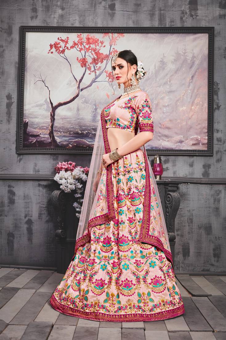 Peach Embroidered Silk Blend Semi Stitched Lehenga Choli