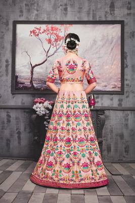 Peach Embroidered Silk Blend Semi Stitched Lehenga Choli 4