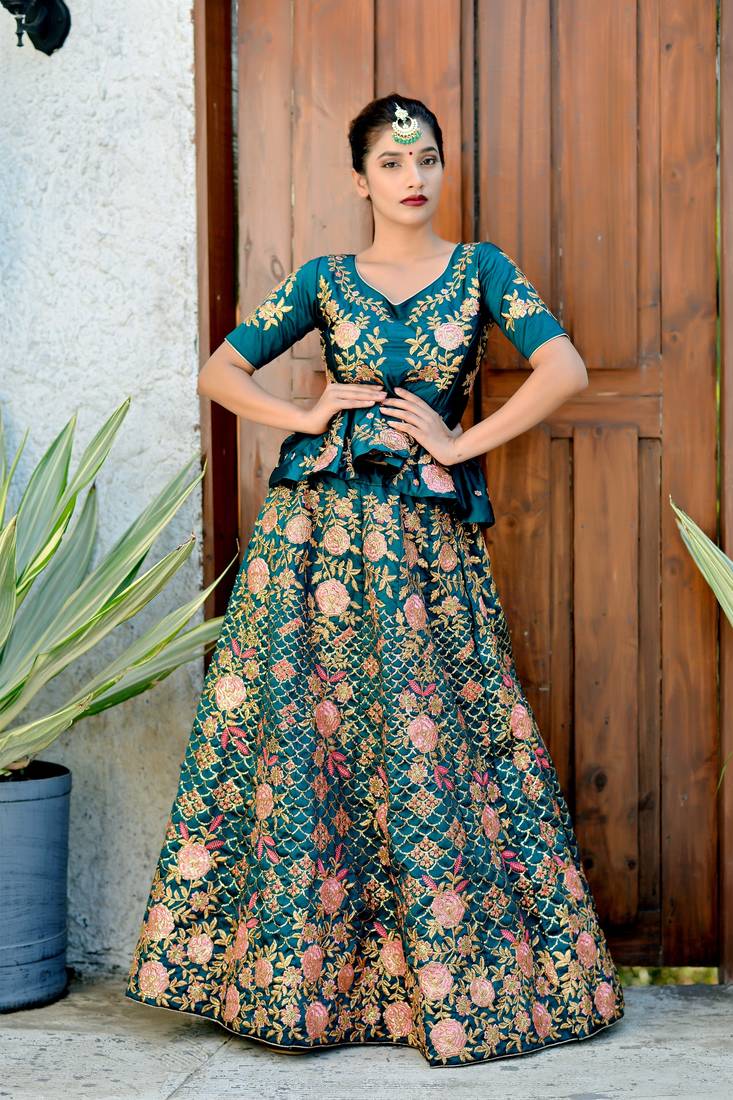Turquoise Embroidered Satin Semi Stitched Lehenga Choli