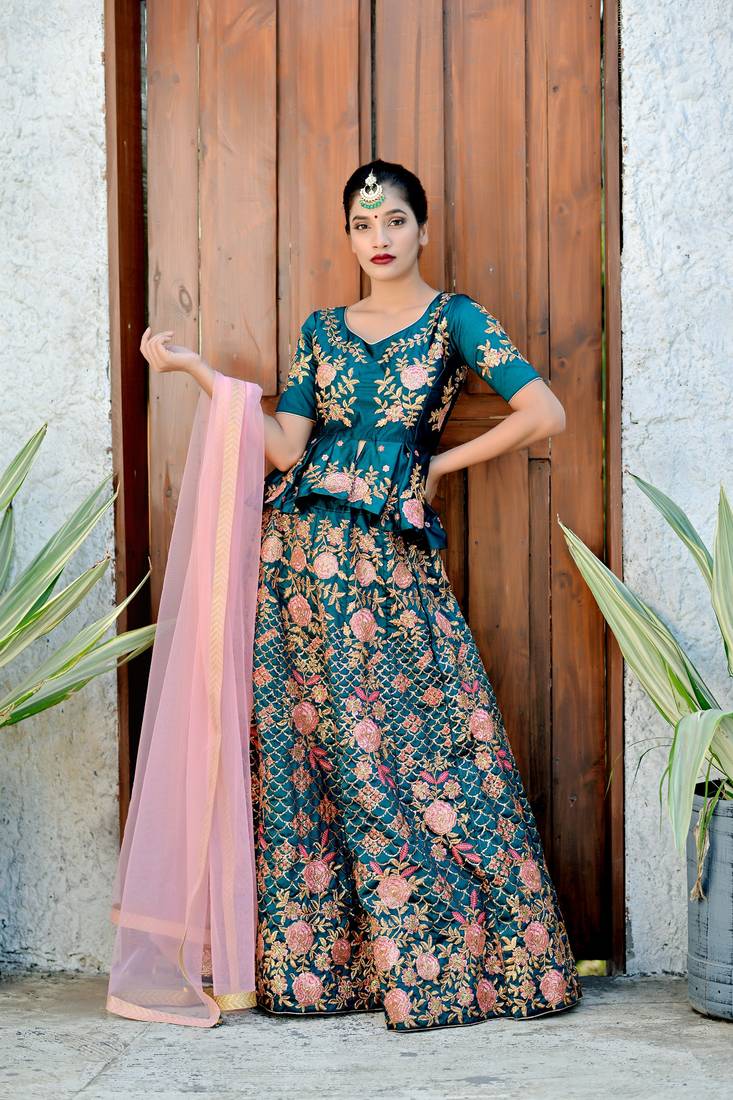 Turquoise Embroidered Satin Semi Stitched Lehenga Choli