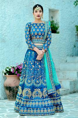 Turquoise Embroidered Silk Blend Semi Stitched Lehenga Choli 1