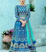 Turquoise Embroidered Silk Blend Semi Stitched Lehenga Choli