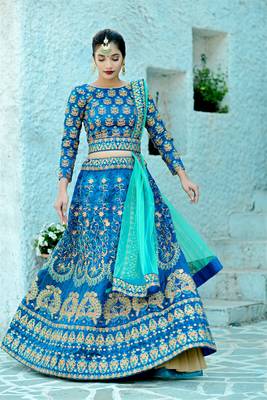 Turquoise Embroidered Silk Blend Semi Stitched Lehenga Choli 2