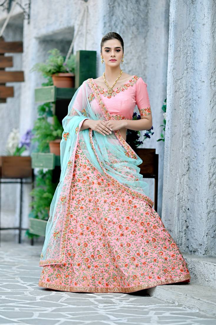 Peach Embroidered Silk Blend Semi Stitched Lehenga Choli