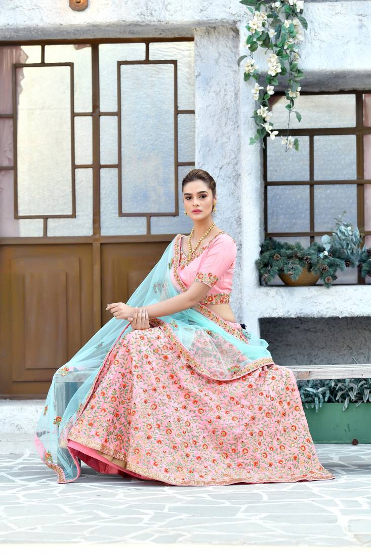 Peach Embroidered Silk Blend Semi Stitched Lehenga Choli