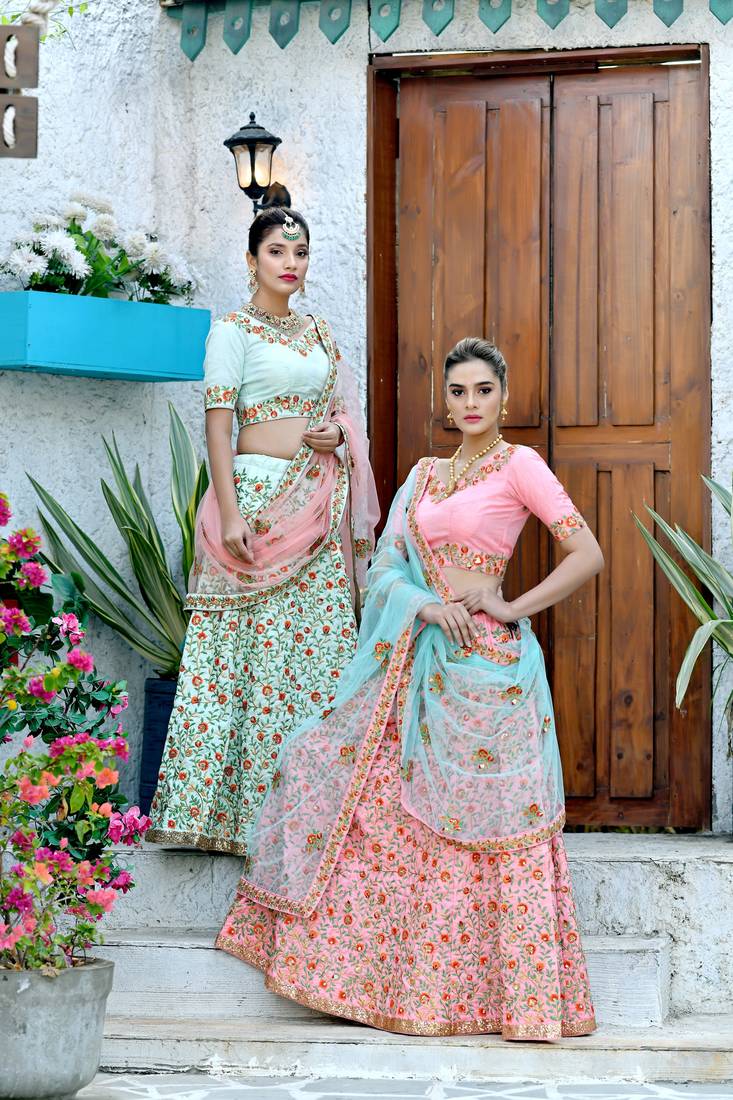 Peach Embroidered Silk Blend Semi Stitched Lehenga Choli