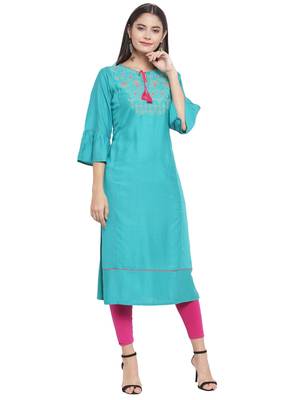 Turquoise embroidered rayon ethnic-kurtis 1