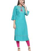 Turquoise embroidered rayon ethnic-kurtis