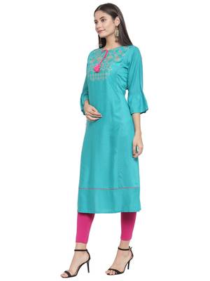 Turquoise embroidered rayon ethnic-kurtis 2