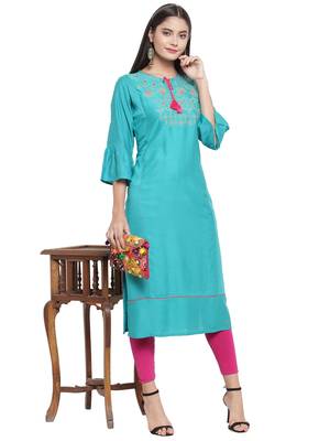 Turquoise embroidered rayon ethnic-kurtis 3