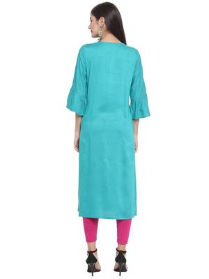 Turquoise embroidered rayon ethnic-kurtis 4